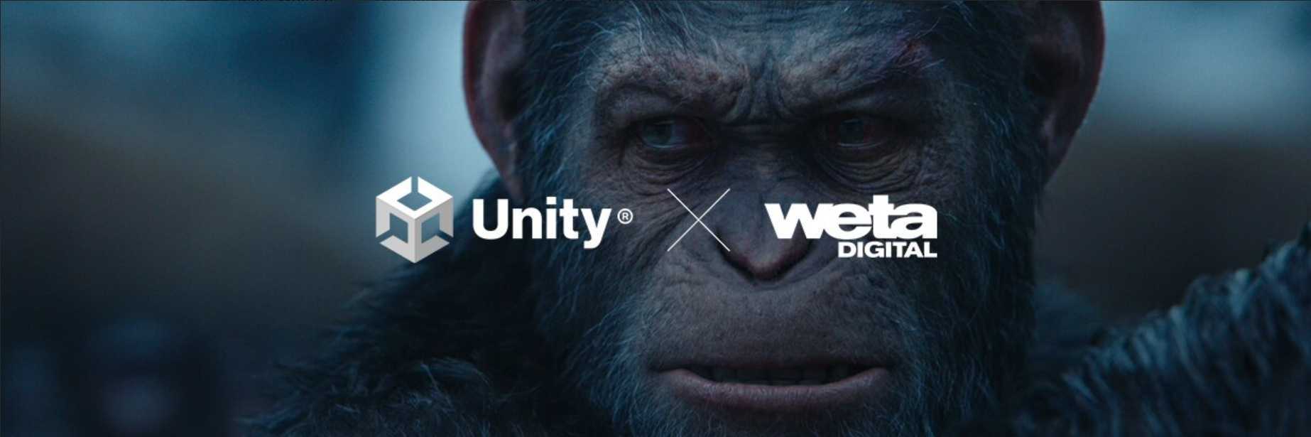 Unity logo and Wētā Digital logo in white with a closeup image of a photorealistic chimpanzee in the background.